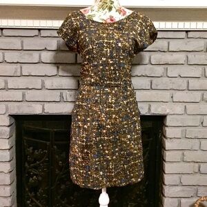 Brown Blue Abstract Elastic Waist Dress Pockets
